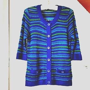 Striped Crochet Knit Cardigan, Blues and Lime Green, Button Down